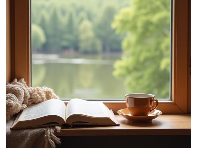 Libro abierto y una taza de té al lado de una ventana que muestra un paisaje relajante.