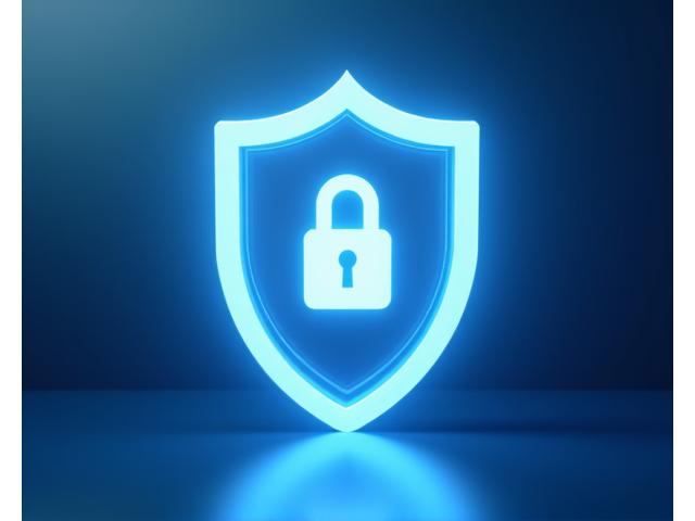 Un escudo brillante con un candado simbolizando la protección de datos y privacidad en Bienestar Senda, con formas abstractas y seguras.