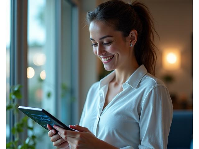 Mujer sonriente trabajando en una tablet, con gráficos de bienestar en segundo plano que sugieren personalización y progreso.